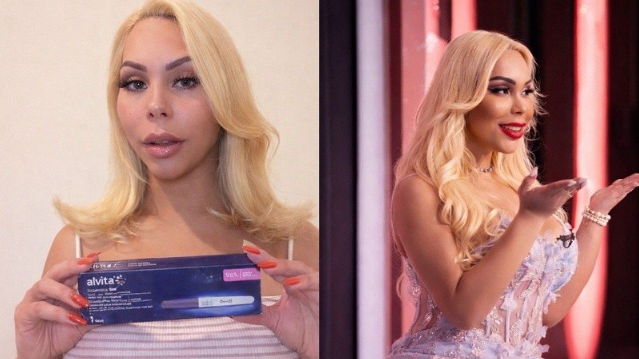 Suellen Carey segura teste de gravidez em casa e aparece em estúdio de TV com vestido claro durante participação em programa