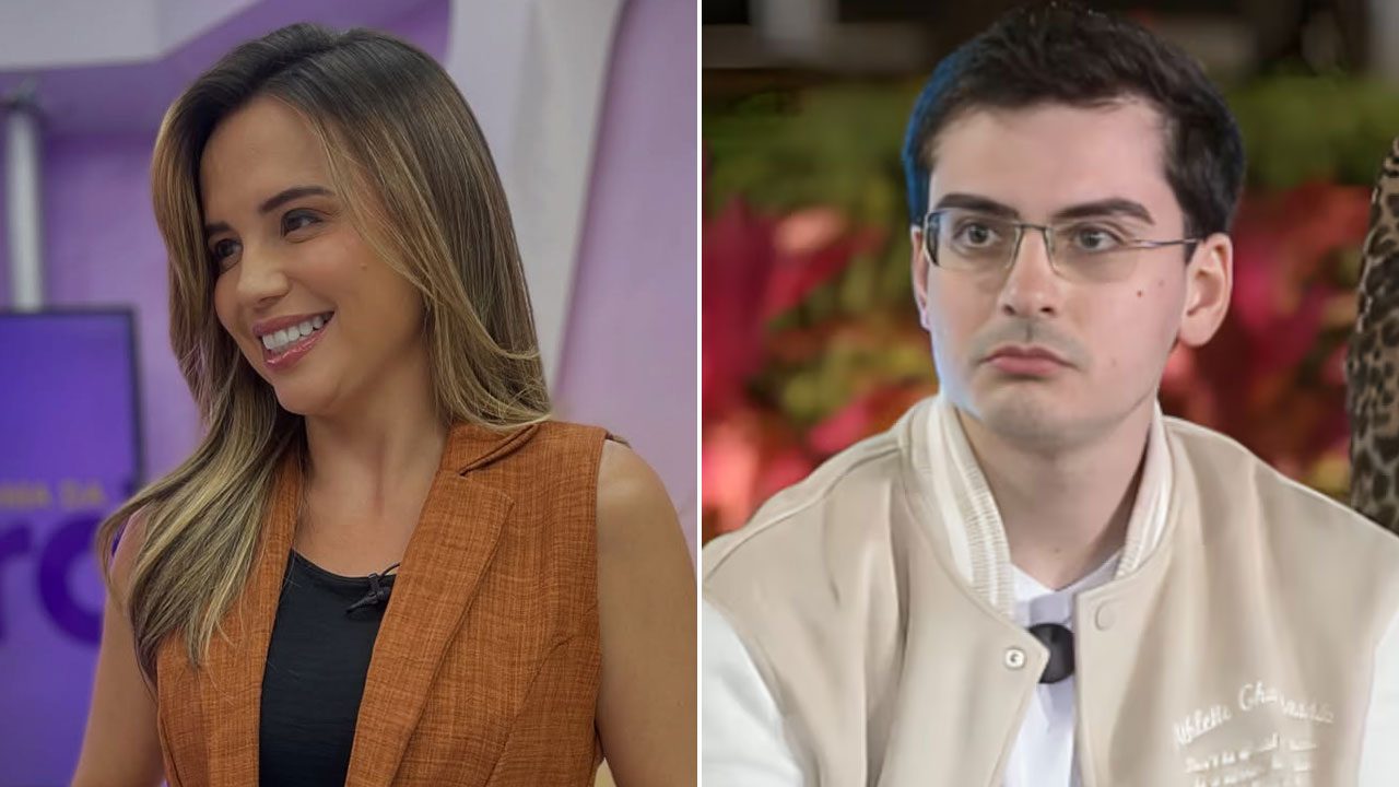 Suyane Pessoa sorrindo em estúdio da TV Meio e Dudu Camargo com expressão séria em A Fazenda 17