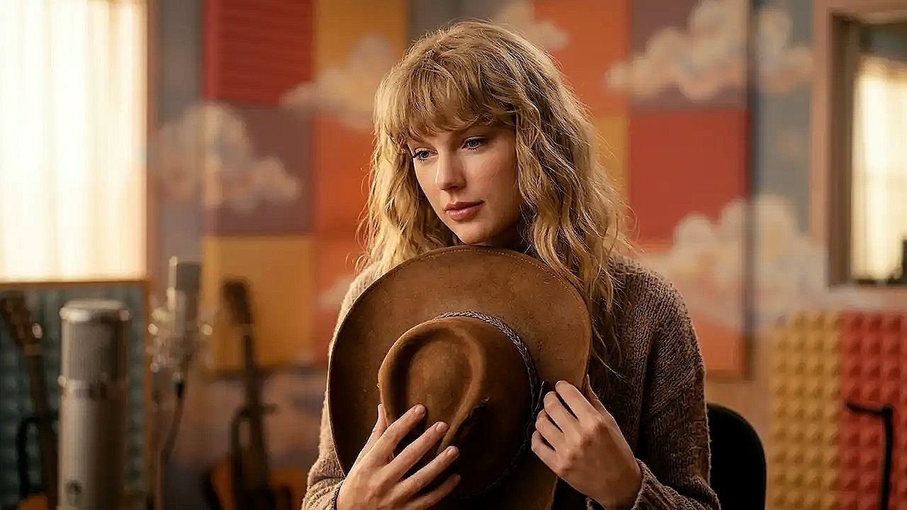 Taylor Swift segura chapéu em estúdio de gravação musical durante cena do filme The Eras Tour