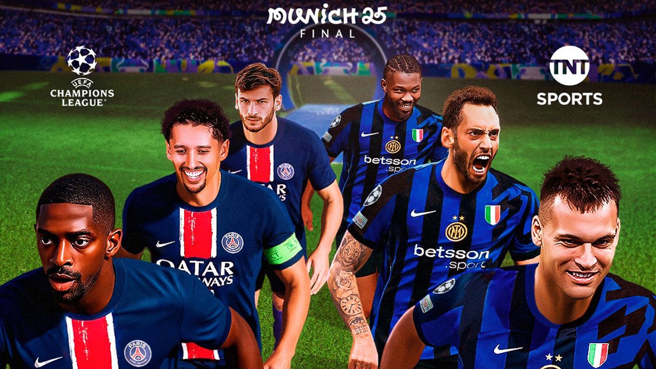 Jogadores do PSG e da Inter de Milão em montagem da final da Champions League 2025 exibida pela TNT Sports