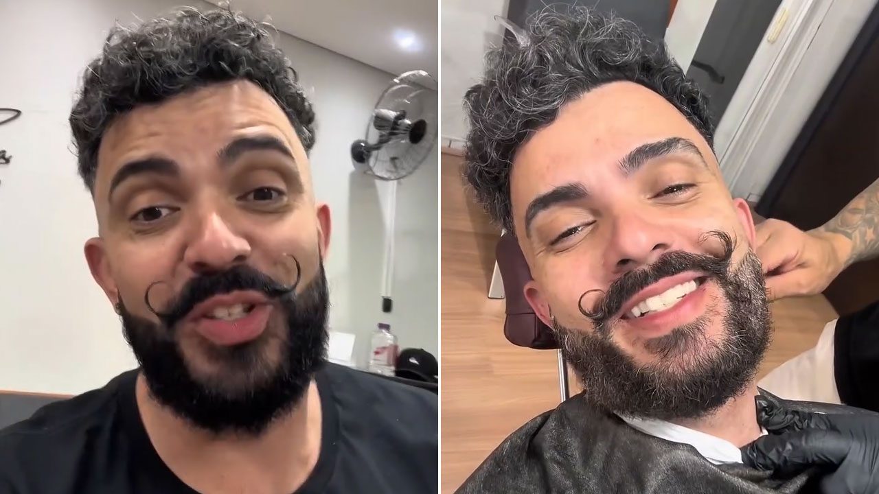 Vagner Macedo aparece em duas cenas, falando para a câmera e sorrindo enquanto ajeita a barba em salão de beleza