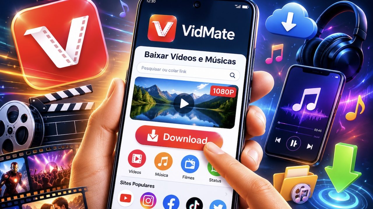 Tela do aplicativo VidMate em smartphone com opção de download de vídeos e músicas e ícones de redes sociais ao fundo.