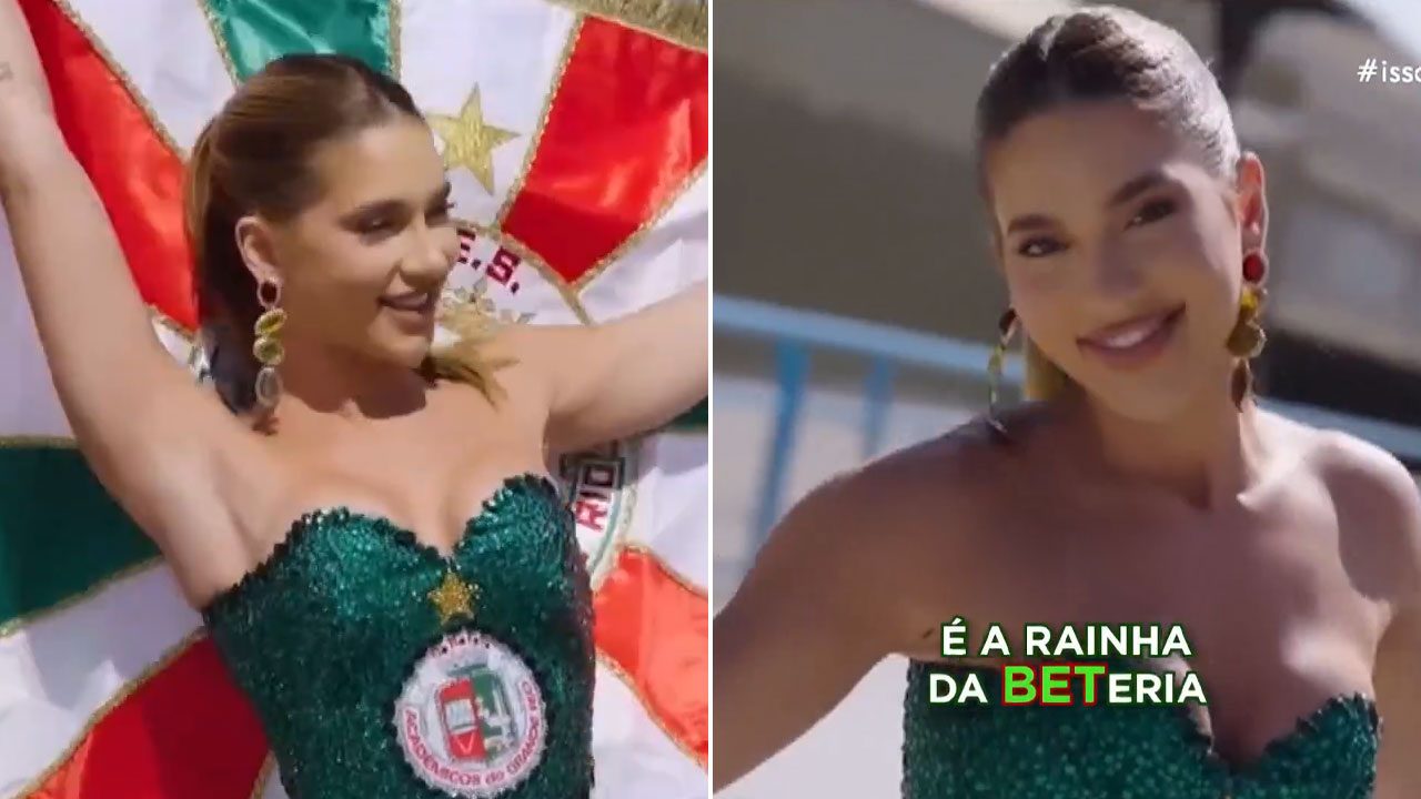 Virginia Fonseca com fantasia verde posa como rainha de bateria da Grande Rio em vídeo exibido pelo Fantástico