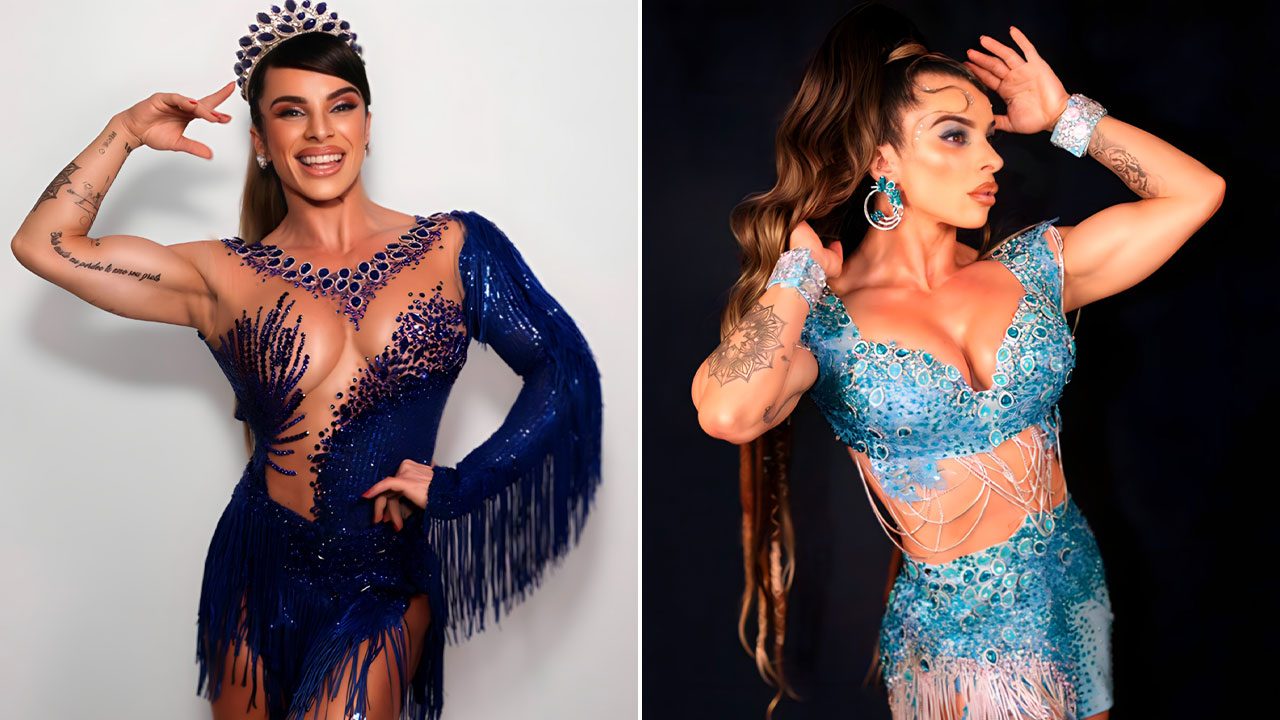 Vivian Cristinelle em montagem de duas fotos com fantasias de carnaval luxuosas, uma azul escura e outra azul clara