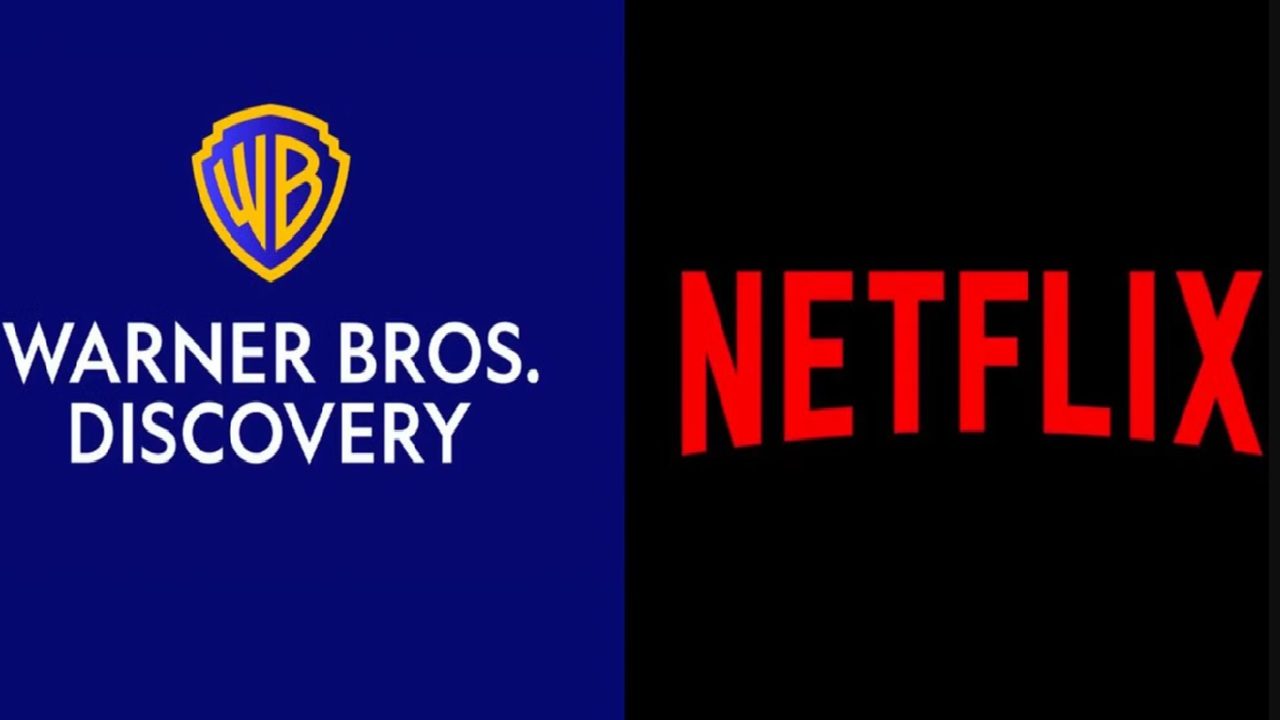 Logotipos da Warner Bros Discovery e da Netflix lado a lado em fundo dividido
